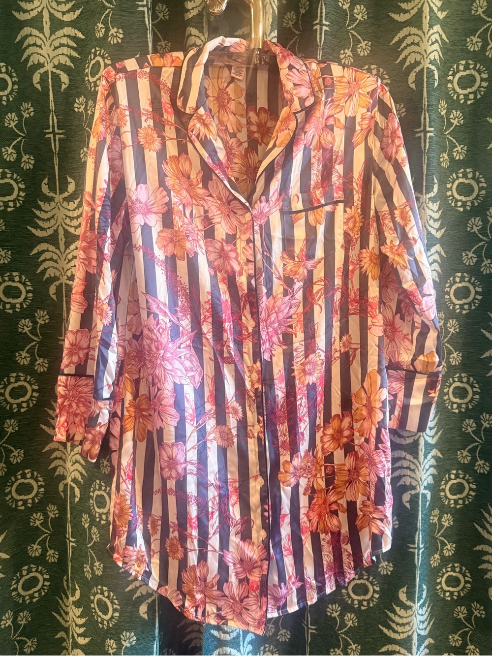 Victoria's Secret Pink Floral Navy Striped Longline Button-Down Sleeve Shirt XS - Picture 2 of 6